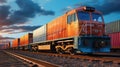 Cargo train. Freight train with cargo containers. Train wagons carrying cargo containers for shipping companies. Royalty Free Stock Photo
