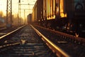 Freight train carrying cargo under the rays of the setting sun Royalty Free Stock Photo