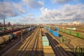 Freight train with color cargo containers Royalty Free Stock Photo