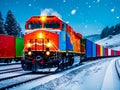 Freight train with colorful shipping container running through the snowy mountain in the winter Royalty Free Stock Photo