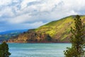 Freight train in the Columbia River Gorge Royalty Free Stock Photo