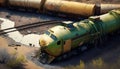 Freight train derailed, wreck of railroad cars and tanks, generative AI