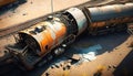 Freight train derailed, wreck of railroad cars and tanks, generative AI