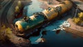 Freight train derailed, wreck of railroad cars and tanks, generative AI