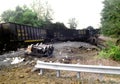 A frieght cars all over the tracks following a train derailment Royalty Free Stock Photo