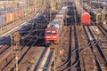 Freight train from german rail, deutsche bahn, drives through the freight yard Royalty Free Stock Photo