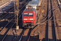 Freight train from german rail, deutsche bahn, drives through the freight yard Royalty Free Stock Photo
