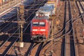 Freight train from german rail, deutsche bahn, drives through the freight yard Royalty Free Stock Photo