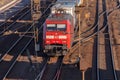 Freight train from german rail, deutsche bahn, drives through the freight yard Royalty Free Stock Photo