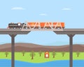 Freight Train Moving on the Bridge, Rail Transportation on Summer Mountain Landscape Vector Illustration Royalty Free Stock Photo