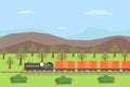 Freight Train Moving on Nature Landscape, Rail Transportation on Summer Mountain Background Vector Illustration