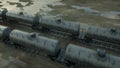 Freight train oil tankers. Against Sunrise. 3d rendering.