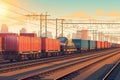 The freight train passes by the station at sunset or sunrise. Wagons with goods delivery. business logistic concept illustration Royalty Free Stock Photo