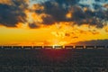 Freight train passing on on the horizon of field in the American countryside. Sunset light and the stormy sky