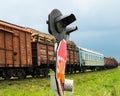 Freight train passing the railroad crossing Royalty Free Stock Photo