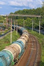 Freight train on railroad. Russian Railways is one of three major railway companies in world