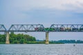 freight train on the railway bridge across the river Royalty Free Stock Photo