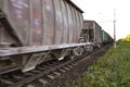 Freight train, railway wagons with motion blur effect. Transportation, railroad. Royalty Free Stock Photo