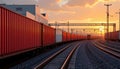 Freight train with red cargo containers on curved railway tracks during sunset with industrial structures and warm sky Royalty Free Stock Photo
