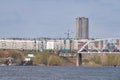 Freight train rides over the bridge