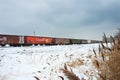 Freight train rolling through snowy field.