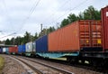 Freight train, transportation of railway cars by cargo containers shipping. Railway logistics