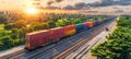 Freight train transporting sea containers along tracks beside lush forest in side view Royalty Free Stock Photo