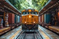 Freight Train at Railway Station: Yellow Locomotive with Cargo Containers Royalty Free Stock Photo