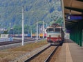 Freight train waiting at a signal in Sinaia, Romania