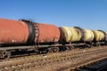 Freight trains.Railroad train of tanker cars transporting crude oil on the tracks Royalty Free Stock Photo