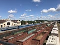 Freight trains at the railway station. Open freight wagons with cargo