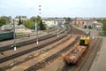 Freight trains on spring cargo terminal. Lviv. Royalty Free Stock Photo