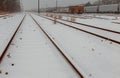Freight trains under snow on winter cargo terminal Royalty Free Stock Photo