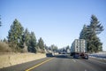 Convoy of big rigs semi trucks of different make and different trailers running on the winter road with frost grass and trees Royalty Free Stock Photo