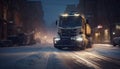 Freight transportation delivering cargo containers on slippery winter roads at dusk generated by AI