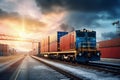 Freight Transportation Delivering Cargo Containers via Land Vehicle and Railroad Track. Generative ai Royalty Free Stock Photo
