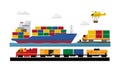 Freight transportation by train ship, helicopter, delivery service vector Illustration