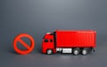 Freight truck and prohibition sign no. Restrictions on import and export. Ban on transfer of goods, trade wars. Sanctions economic