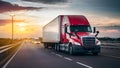 Freight Truck Speeding Toward Sunset on Highway. Concept Transportation, Highway, Sunset, Freight