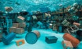 Freight warehouse flooded with floating objects