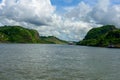 Freighter negotiating the Culebra cut on the Panama Canal
