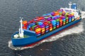 Freighter ship with cargo containers sailing in ocean, 3D render