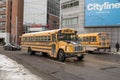 Freightliner FS 65 school bus on service in a residential part of downtown Toronto, another yellow school bus can be seen Royalty Free Stock Photo