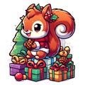 A freindly and adorable squirrel with unexpected surprises and joy of christmas, christmas tree, gifts, cartoon, white background