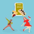 freinds getting pizza and sushi. Flat vector illustration. Food order, delivery service concept for banner, website Royalty Free Stock Photo