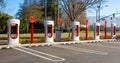 Fremont, CA, USA - January 20, 2021: Tesla Supercharger for electric cars. Tesla is an American electric vehicle and clean energy