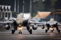 French Air Force Dassault Rafale fighter jets taxiing to the runway at Mont-de-Marsan Airbase. France - May 17, 2019 Royalty Free Stock Photo