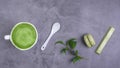 French almond cake makarons, green leaf, matcha tea