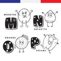 French alphabet. Monster, hazelnuts, orange, pepper. Vector letters and characters.