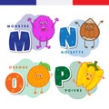 French alphabet. Monster, hazelnuts, orange, pepper. Vector letters and characters.